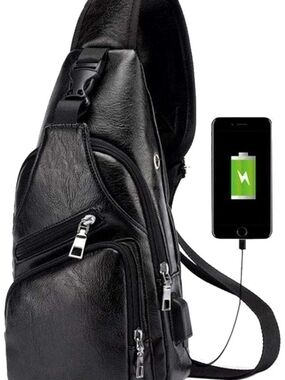 Black Leather Sling Crossbody Bag with USB Charging Port